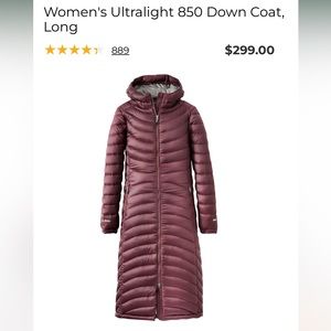 L.L.Bean Women’s Ultralight 850 Down Coat, Long. New without tags.